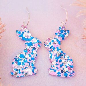Bunny Easter Earrings, Glitter Easter Bunny Earrings, Blue Pink Glitter Bunny Earrings, Glitter Rabbit Earrings