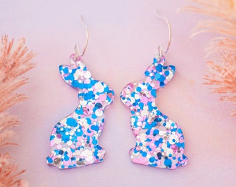 Bunny Easter Earrings, Glitter Easter Bunny Earrings, Blue Pink Glitter Bunny Earrings, Glitter Rabbit Earrings