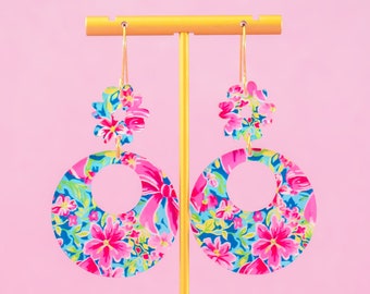 Schleifen & Blumen Kreis Retro Blumen Ohrringe, große Statement geometrische Baumeln, Sommer Ohrringe, kokette Ästhetik
