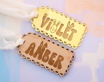Easter Basket Tag, Gold Acrylic Name Tags, Scalloped Gift Tag, Wooden Name Tag, Bunny Tag