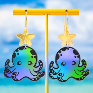 Octopus Earrings Holographic, Cute Animal Earrings Dangle, Big Bold Earrings, Fun Jewelry, Gifts For Her, Self Gift Jewelry