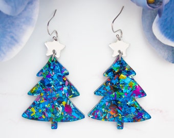 Orecchini Pendenti Natalizi In Acrilico – Albero Di Natale Verde Con Stella Dorata, Vintage E Glitterati, Regalo Per Donna
