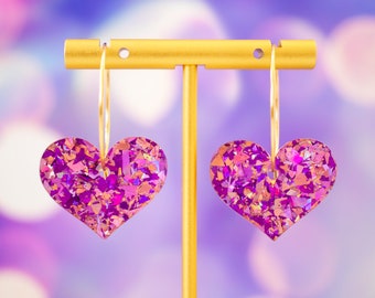 Pink and Purple Heart Valentine Earrings, Glitter Heart Hoops, Love Earrings, Gift For Her