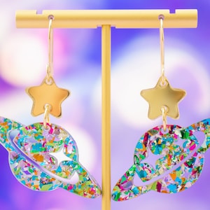 Holographic Saturn Earrings: Glitter Acrylic Celestial Dangles