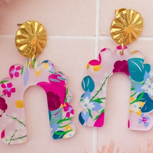 Floral Scallop Arch Earrings Large Geometric Statement Jewelry, Acrylic Dangles