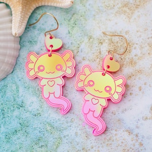 Axolotl Earrings, Amphibian Dangles, Holographic Pink Statement Earrings image 4