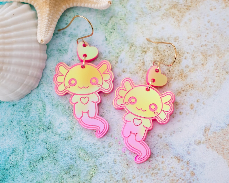 Axolotl Earrings, Amphibian Dangles, Holographic Pink Statement Earrings image 4