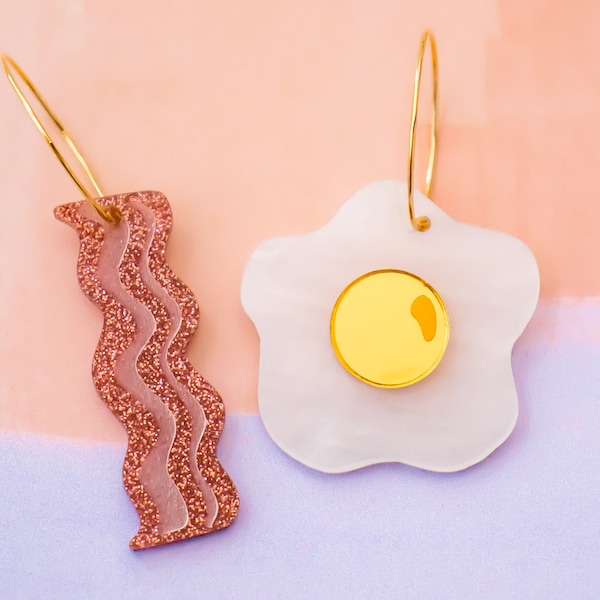 Bacon and Eggs Earrings, Funny Jewelry, Food Hoop Earrings, Mismatched Earrings