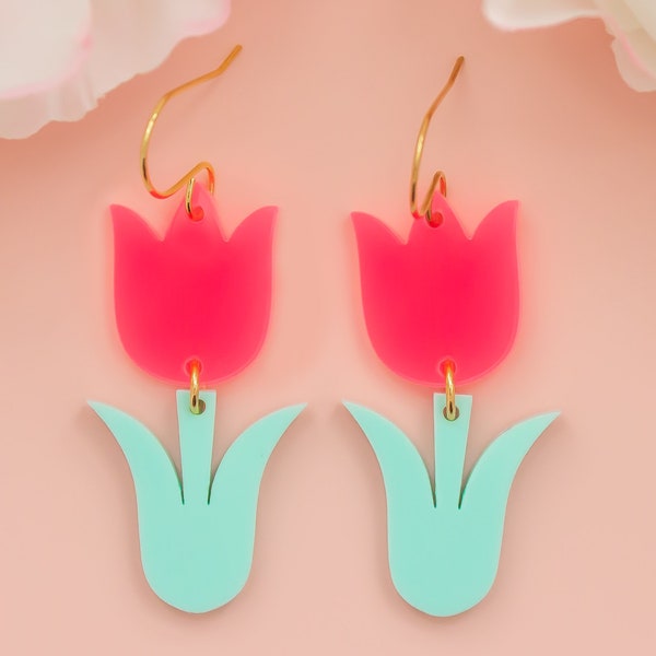Tulip Earrings, Neon Pink Flower Dangles, Gift For Friend, Bold Earrings, Fun Jewelry, Gifts For Her, Self Gift Jewelry
