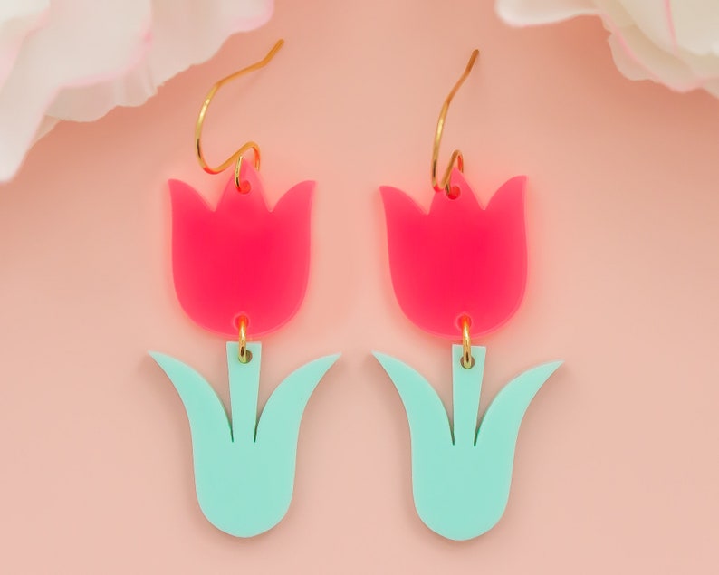 Tulip Earrings Neon Pink Flower Dangles Gift for Friend Etsy