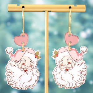 Retro Santa Earrings, Pink Christmas Earrings, Vintage Santa Earrings, Holiday Statement Earrings