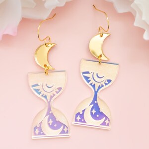 Hourglass Celestial Earrings, Moon And Star Earrings, Iridescent Dangles, Witchy Earrings, Gifts For Her, Acrylic Jewelry For Women