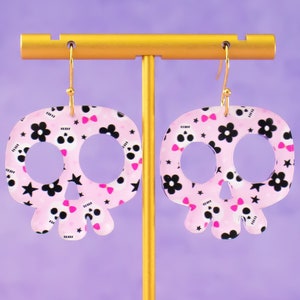 Pink Skull With Bows Earrings Acrylic Dangles, Halloween Earrings