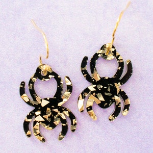 Black & Gold Spider Earrings Dangle, Halloween Earrings, Iridescent Jewelry, Spooky Dangles