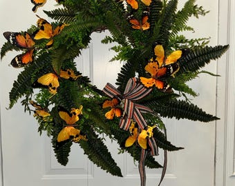 Ferns and Greenery Wreath with Butterflies and Coordinated Bow
