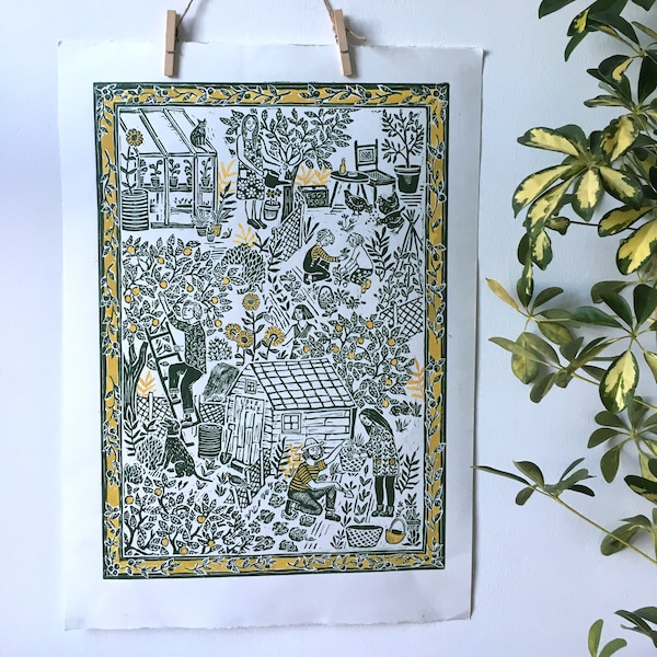 Original print, Limited edition linocut 'Watch Things Grow'- garden print- allotment- botanic- plant illustration- forest green- mustard