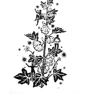 Original Linocut &#39;Hollyhock&#39;