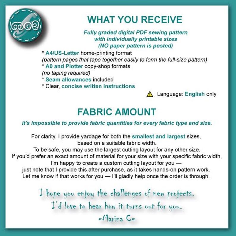 Puede incluir: Una hoja informativa turquesa y blanca para un patr&oacute;n de costura PDF digital. Detalla los tama&ntilde;os imprimibles, formatos, m&aacute;rgenes de costura e instrucciones. La hoja tambi&eacute;n proporciona informaci&oacute;n sobre la cantidad de tela y un mensaje del dise&ntilde;ador.