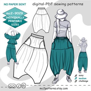 Patrón de costura para pantalones harén holgados con tiro bajo (descarga digital en PDF) S-4XL