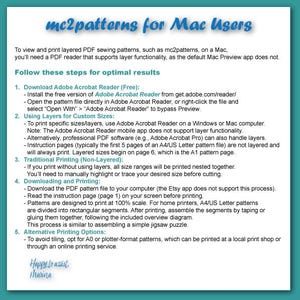 Puede incluir: Documento turquesa y blanco titulado "mc2patterns for Mac Users" con instrucciones para imprimir patrones de costura PDF. El documento incluye pasos para descargar Adobe Acrobat Reader y opciones de impresi&oacute;n. El texto est&aacute; en una fuente sans-serif.