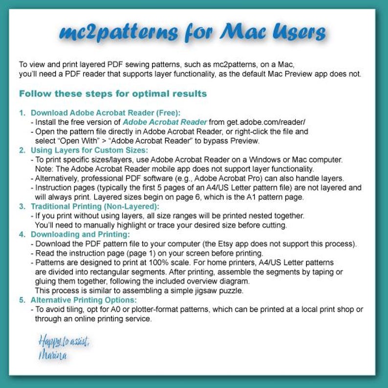 Puede incluir: Documento turquesa y blanco titulado "mc2patterns for Mac Users" con instrucciones para imprimir patrones de costura PDF. El documento incluye pasos para descargar Adobe Acrobat Reader y opciones de impresi&oacute;n. El texto est&aacute; en una fuente sans-serif.