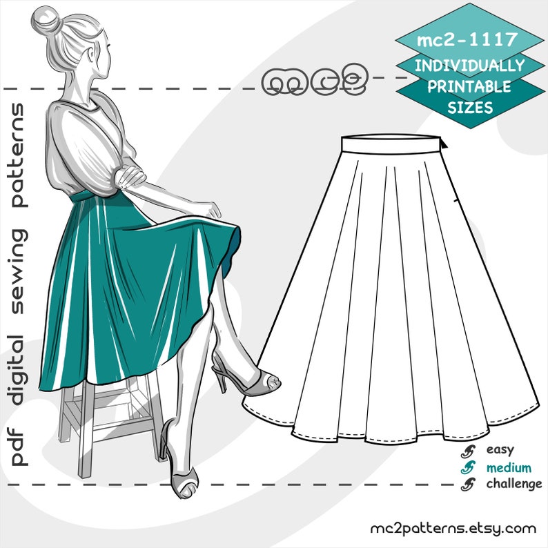 UK 6-16/ US 2-12/ Classy Circle Skirt/ Digital PDF Sewing Pattern for Women mc2patterns mc2-1117 image 1