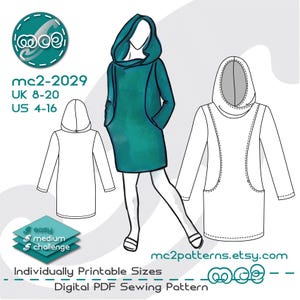 Tunic Dress Sweatshirt Sewing Pattern: Hoodie (Digital PDF Download) UK8-20/US4-16 / mc2-2029