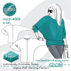 Könnte beinhalten: Digitales PDF-Schnittmuster für ein Oberteil, mit einer tealfarbenen Illustration einer Frau, die das Kleidungsstück trägt. Das Bild enthält technische Zeichnungen und den Text "mc2-4003 S-3XL" sowie die Labels "easy" und "medium". Das Muster ist für individuell druckbare Größen.
