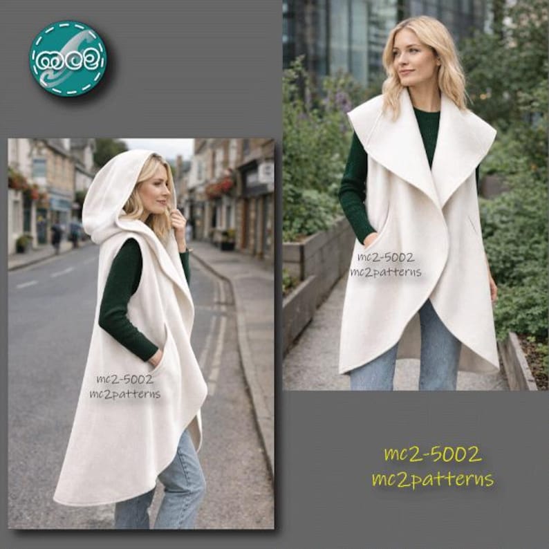 Sleeveless Coat Wrap Sewing Pattern: Upcycled-blanket NO-lining (Digital PDF Download) ONE-size / mc2-5002 image 6