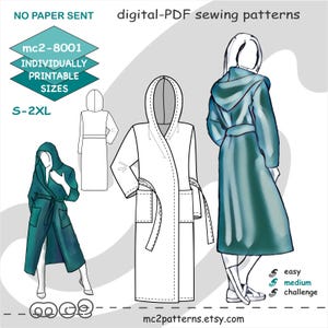 Dressing Gown Robe Bathrobe Sewing Pattern: Patch-pockets (Digital PDF Download) S-2XL