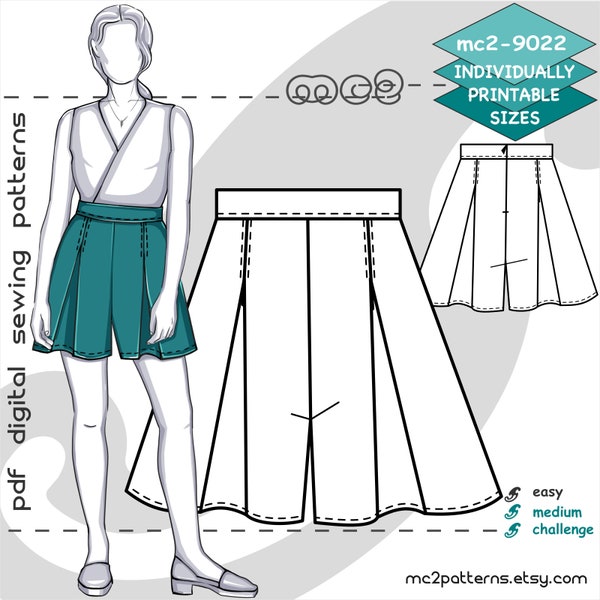 Pleated Shorts Sewing Pattern: Flared High-Waist (Digital PDF Download) UK6-20/US2-16 / mc2-9022