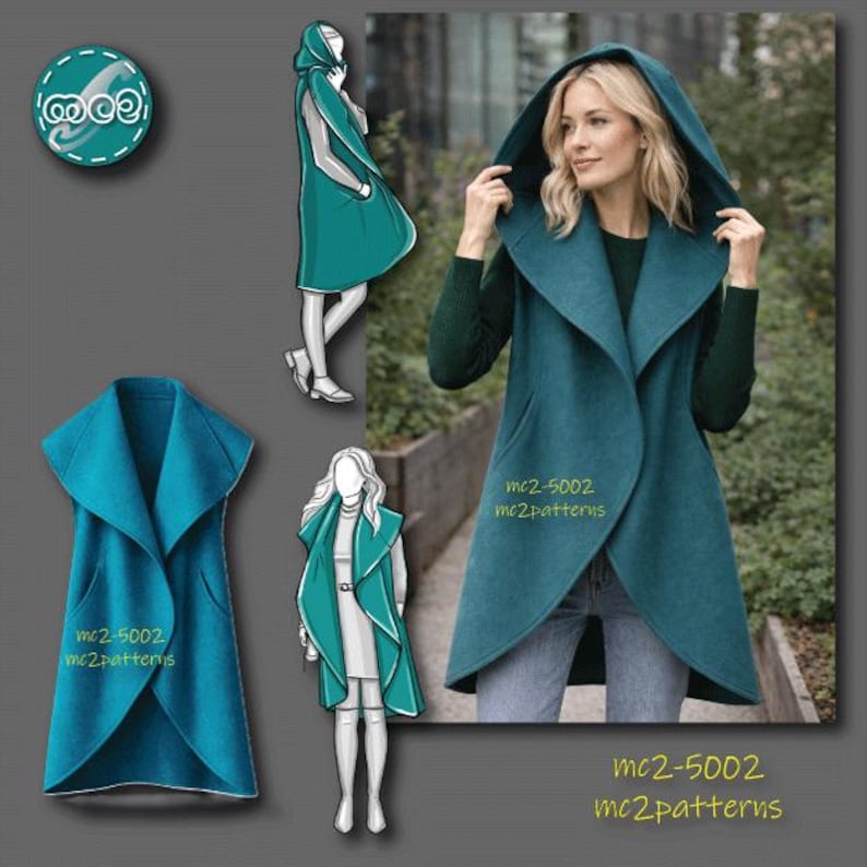 Sleeveless Coat Wrap Sewing Pattern: Upcycled-blanket NO-lining (Digital PDF Download) ONE-size / mc2-5002 image 5