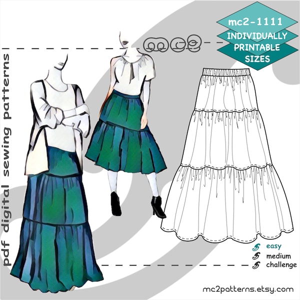 XS-2XL/ 3-tier Skirt Gipsy Gypsy Peasant Prairie/ Digital Sewing PDF-pattern for Women >mc2patterns< mc2-1111