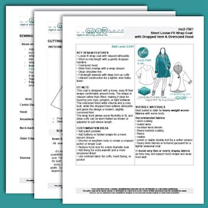 May include: A sewing pattern for a short, loose-fit wrap coat with an oversized hood and dropped hem. The pattern includes key design features, fit notes, customization ideas, and suitable materials. The pattern is labeled as easy and includes illustrations of the coat.