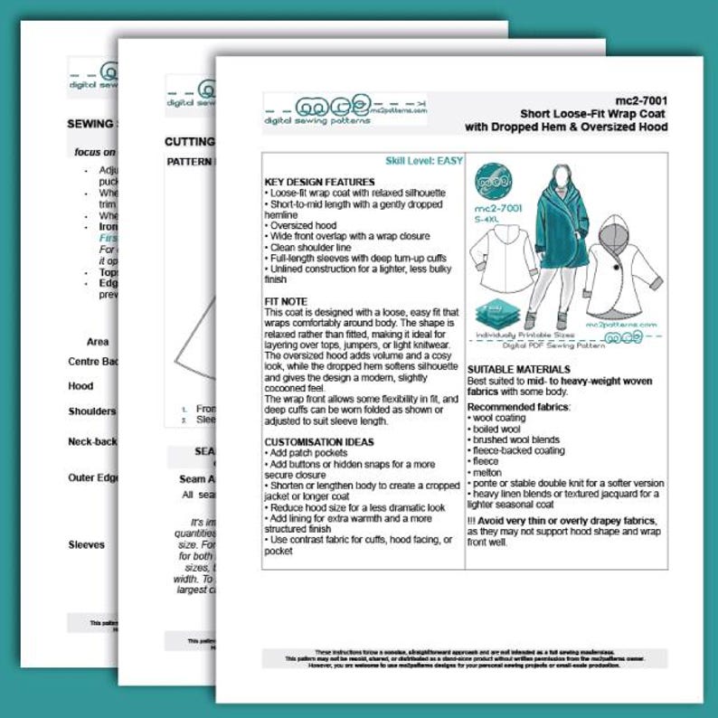 May include: A sewing pattern for a short, loose-fit wrap coat with an oversized hood and dropped hem. The pattern includes key design features, fit notes, customization ideas, and suitable materials. The pattern is labeled as easy and includes illustrations of the coat.