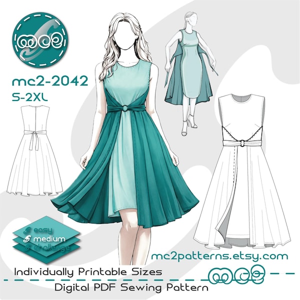 Schnittmuster für Doppel-Wickelkleid: Retro-Stil (Digital PDF Download) S-2XL / mc2-2042