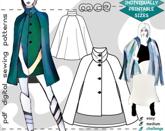 S-2XL/ Coat Cape Cropped NO-Lining/ Digital PDF Sewing Pattern for Women &gt;mc2patterns&lt; mc2-7003
