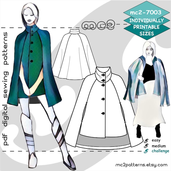 S-2XL/ Coat Cape Cropped NO-lining/ Digital PDF Sewing Pattern for Women >mc2patterns< mc2-7003