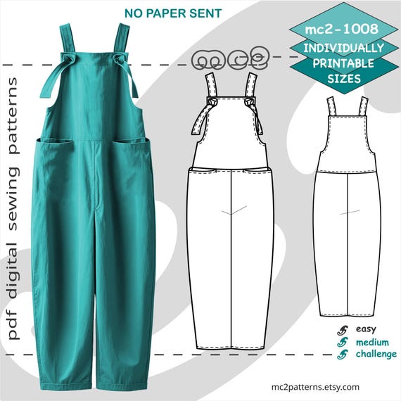 Overall Jumpsuit Dungarees Sewing Pattern: Loose-fit Cropped