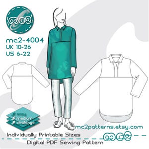 Shift Blouse Tunic Sewing Pattern: Long-sleeve Shirt-Collar (Digital PDF Download) UK10-26/US6-22 / mc2-4004