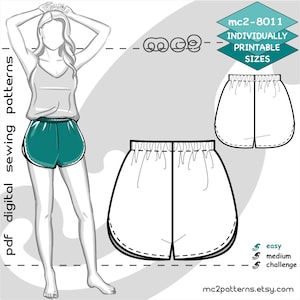 May include: A digital sewing pattern for shorts with a high waist and curved hem. The pattern is available in multiple sizes and is labeled as easy, medium, and challenge difficulty levels. The pattern is for individual printing and is labeled "mc2-8011".