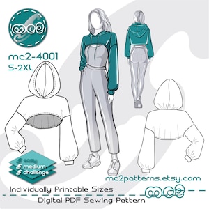 クロップド丈トップスの縫製パターン：パーカー（デジタルPDFダウンロード）S-2XL / mc2-4001
