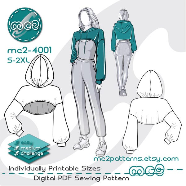 Cropped Top Sewing Pattern: Hoodie (Digital PDF Download) S-2XL / mc2-4001