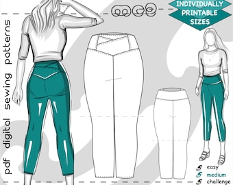 Puede incluir: Un patrón de costura digital para pantalones con cintura alta y un detalle de cruz en la parte delantera. El patrón está disponible en tamaños imprimibles individualmente y está etiquetado como un desafío medio. El patrón se muestra sobre un fondo blanco con un dibujo de línea de una persona usando los pantalones.