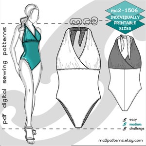 XS-2XL/ Lined High-waisted Swimsuit 1-piece Halter Open-Back/ Digital Sewing PDF-pattern for Women >mc2patterns< mc2-1506