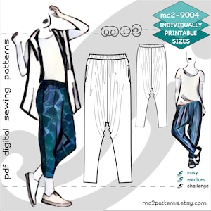 Puede incluir: Un patrón de costura digital para un pantalón con un diseño único. El patrón se puede imprimir individualmente y está disponible en una variedad de tallas. El patrón está etiquetado como "mc2-9004" y está disponible en Etsy en mc2patterns.etsy.com.