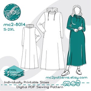 Modello di cucito per abito da sera: ampio, con scollo a cappuccio, adatto alla maternità (download PDF digitale) S-2XL / mc2-8014