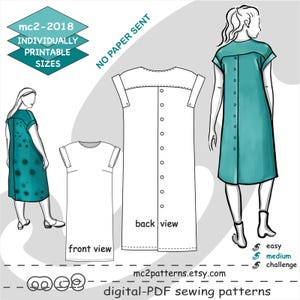 Shift Dress Sewing Pattern: Drop-shoulders Mock-buttoned-back  (Digital PDF Download) UK10-26/US6-22 / mc2-2018