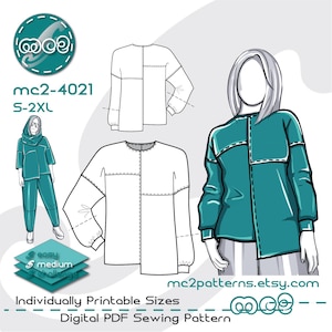 Patrón de costura para sudadera de jersey asimétrico (descarga digital en PDF) tallas S-2XL / mc2-4021