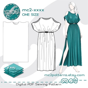 Puede incluir: Patrón de costura PDF digital para un vestido de talla única. La imagen muestra un vestido color teal con cinturón y abertura alta, junto con un dibujo lineal del vestido y el texto "mc2-xxxx ONE SIZE". El patrón está etiquetado como "easy medium challenge".